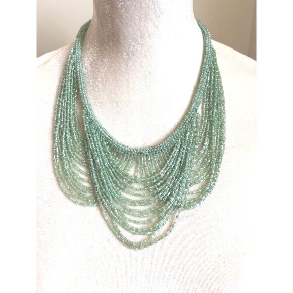 Handcrafted Mint Green Glass Beaded Bib Necklace With Multi-Strand Layered Desig - Picture 1 of 6